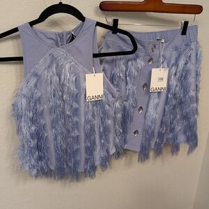 Ganni Purple Fringe Top and Skirt Set